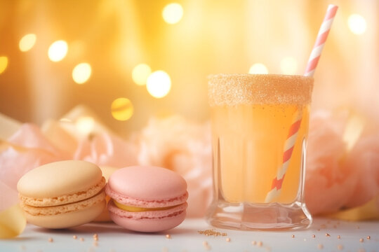 cocktail or lemonade with a straw and macaroons on the background of a festive colorful birthday decor. the atmosphere of the holiday
