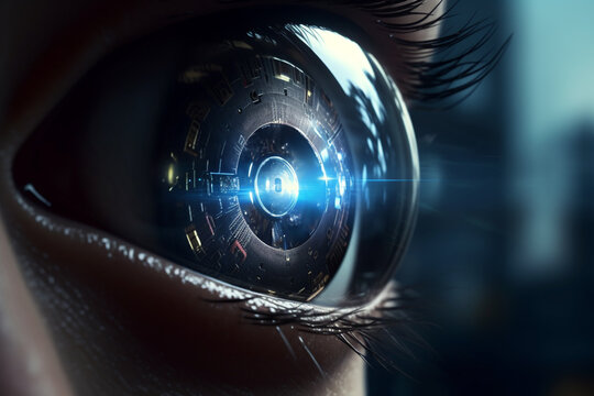 Technology, sci-fi concept. Woman portrait with futuristic glasses, bionic eye or goggles close-up view. Model with futuristic technology on her eyes like implants or cyberware