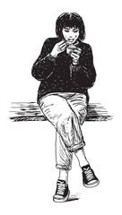 Hand drawing of one casual city girl sitting on park bench and eating ice cream on  summer day, vector illustration isolated on white