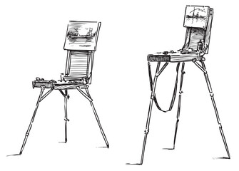 Hand drawing of two artistic easels, vector illustration isolated on white