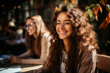 Young girl student studying in class and smiling