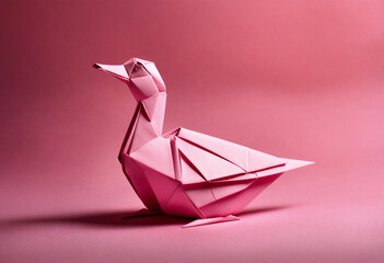 Origami duck on a plain pink background