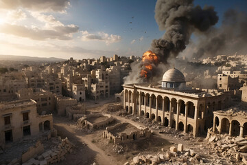 A destroyed city imagined by AI, resembling Gaza, Palestine - obrazy, fototapety, plakaty