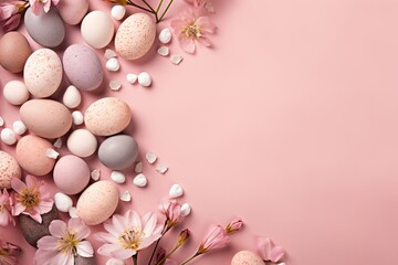 Fototapeta na wymiar Pastel easter eggs on soft pink background surrounded by flowers, top view with copy space