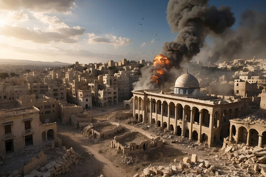 A destroyed city imagined by AI, resembling Gaza, Palestine