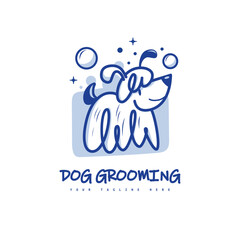 Cartoon character Dog grooming, pet care. Cute clear blue puppy with wash bubbles. Logo love for pets. Vector cartoon emblem