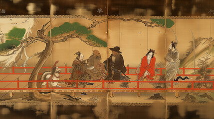 Intricate Ancient Japanese Temple Scroll Art