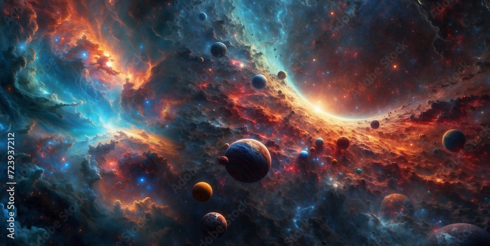 Wall mural deep space background with planets, nebula and galaxy like universe background for fantasy, sci-fi, 