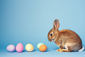 Fototapeta na wymiar Easter bunny and colorful eggs on blue background, copy space