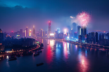 Fototapeta na wymiar Cityscape with light show and firework celebration. Firework show celebrating Chinese new year