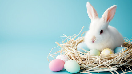 Naklejka na ściany i meble Easter bunny with eggs on blue background: festive card design
