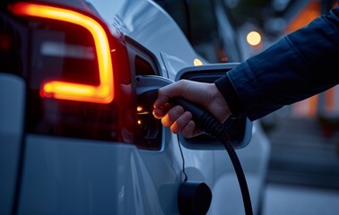 Naklejka premium Hand charging on car, green transportation picture