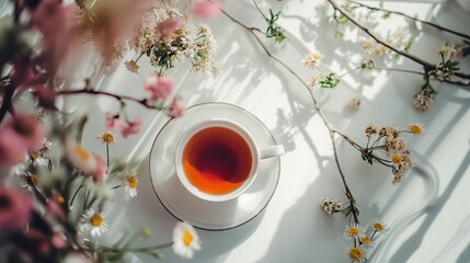 Cup of tea on white background with flowers around