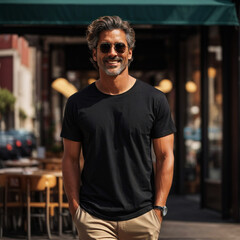 Black T-Shirt Mockup Template with a Handsome Man Walking on the Street on a Summer Day. Trendy Stylish Outdoor Photography. Perfect for Online Shops, Portfolios and Social Media Marketing