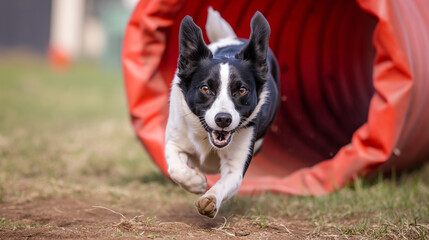 Agile dog overcomes a tunnel obstacle at a dog show 