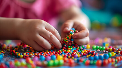Child's hands creating a multicolor bead necklace or bracelet