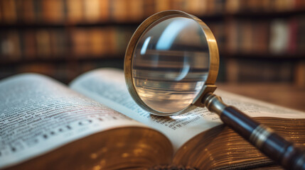 Magnifying glass on a book in a scholarly setting. Concept of search and discovery