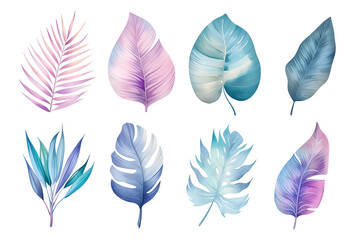 Tropical leaves collection  in watercolor style isolated on  white background