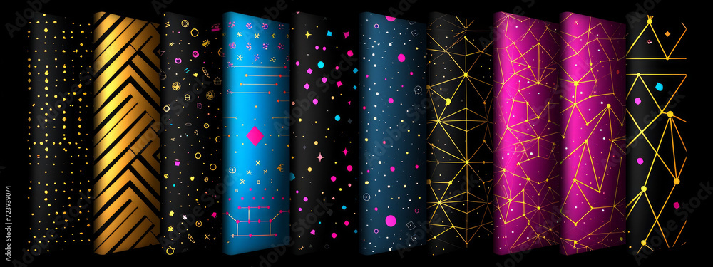 Poster kaleidoscope symphony: a vibrant lineup of multicolored papers on a dark canvas