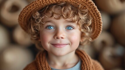 A close-up photograph of a blue-eyed boy, an adorable toddler with blond curly hair and a straw hat, shows emotion. Happy childhood and education concept.