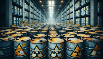 Problem of nuclear waste storage - barrels of radioactive material, marked with hazard symbols, within a secured industrial facility
