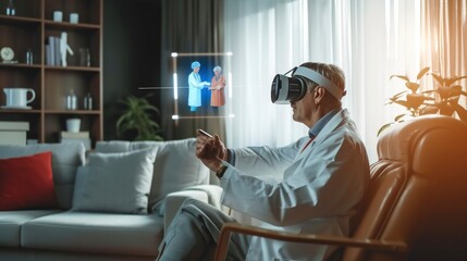 using virtual reality at home for a doctor's examination, a 3D hologram of a doctor and medical equipment appearing in his living room - obrazy, fototapety, plakaty