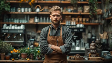 Fototapeta premium A confident bearded man barista standing in a trendy coffee shop