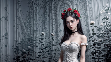Young woman with red roses in her long black hair standing in a room surrounded by white roses, she is wearing a frilly white dress and has a pale white complexion and slim body type.  