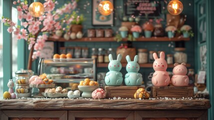 Trendy cozy cafe, decorated with Easter decorations and sweets
