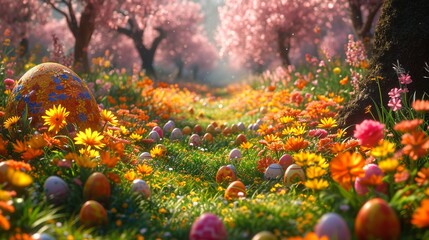A magical Easter garden scene with vibrant flowers, blooming trees, and whimsical Easter eggs hidden among the foliage