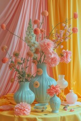 still life with flowers in blue vases against pink and yellow curtains. Generative AI