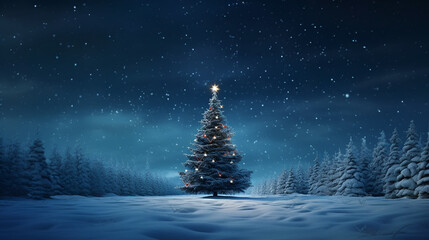 majestic illuminated Christmas tree stands in a snowy meadow, Enchanting snowy night background, highlighting a majestic fir tree, Frosty Winter Wonderland, Majestic Christmas Tree, Generative AI