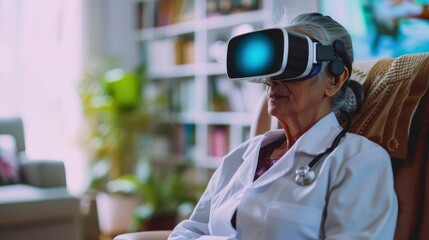  using virtual reality at home for a doctor's examination, a 3D hologram of a doctor and medical equipment appearing in his living room