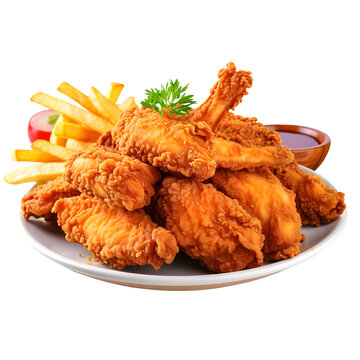 Crispy fried chicken broast with french fries on png background