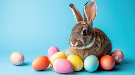 Naklejka na ściany i meble Cute bunny with colorful easter eggs on blue background