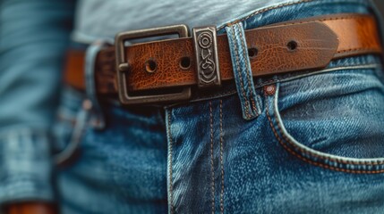 Détail de personne portant un jean et une ceinture en cuir marron - obrazy, fototapety, plakaty