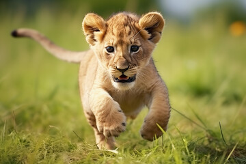 Lion cub running in the wild