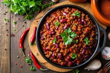 Beef chili con carne served on black plate on wooden background - obrazy, fototapety, plakaty