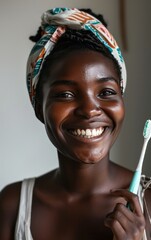Dental care concept with beautiful smiling young african american woman and tooth brush.