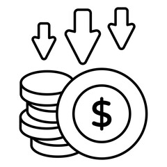 A colored design icon of dollar value down