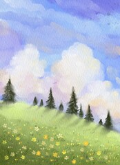 Mountains Green with clouds on blue sky and green grass. Beautiful watercolor nature landscape.