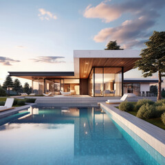 modern house with panoramic windows, minimalist style, swimming pool near the house