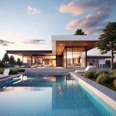 Fototapeta premium modern house with panoramic windows, minimalist style, swimming pool near the house