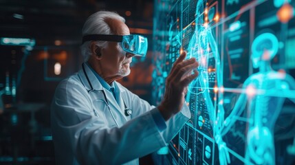 In the world of medicine, a doctor uses virtual reality technology to explore a holographic 3D anatomy hospital, enhancing their knowledge and skills. - obrazy, fototapety, plakaty