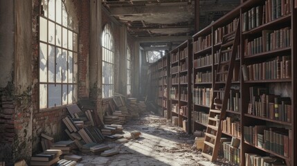 ruin old library, shelves of dusty medical books