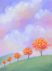 Obraz premium Orange trees with clouds on blue sky and green grass.. Watercolor landscape with paper texture.