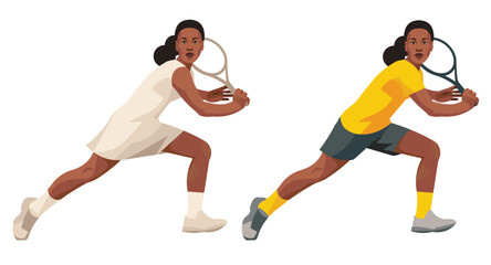 Fototapeta na wymiar South African women's tennis player in yellow sportswear and white dress who receive the ball holding the racket with two hands
