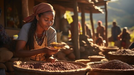 Woman, farmer worker picking, sorting coffee beans into basket. Coffee plantation, arabica and Robusta coffee sorts - obrazy, fototapety, plakaty