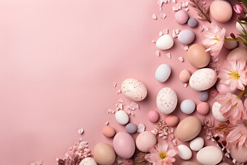 Naklejka na ściany i meble Colorful easter eggs in pastel shades with beautiful flowers on soft pink background, top view