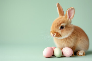 Fototapeta premium Easter bunny with eggs and blank text space